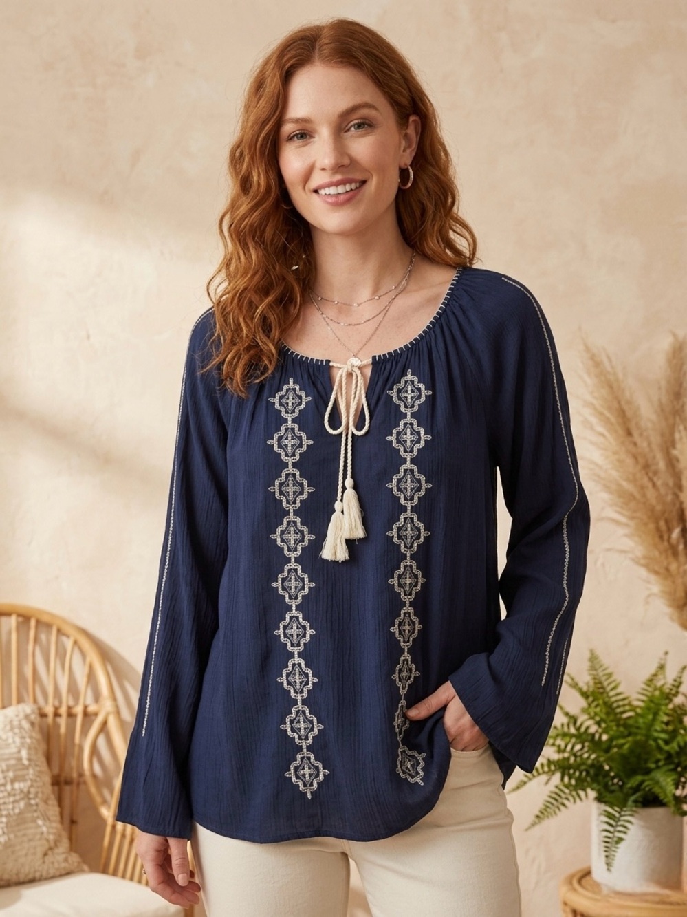 100% Cotton Navy Embroidered Tassel Tie Neck Peasant Blouse